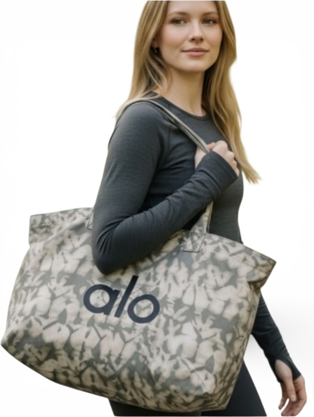 ALO Yoga Large Iconic Shopper Tote Grey Tie Dye With Logo